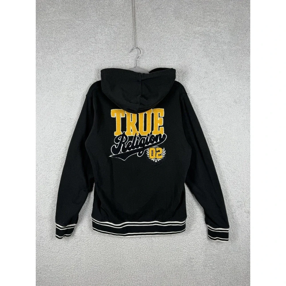 True Religion Mens Collegiate Pullover Hoodie Size M Black‎ Chenille Logo Patch